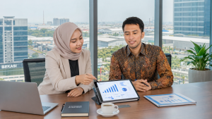 Dua profesional bisnis sedang berdiskusi di kantor modern, merepresentasikan layanan jasa akuntansi perusahaan Bekasi yang profesional oleh IRD Semesta Bersama.